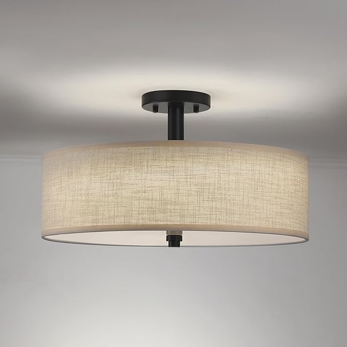 4 Light 18 Inch Semi Flush Mount Close to Ceiling Light Fixture,Off White Fabric Shade Black Finish for Bedroom,Living Room,Dining Room Hallway