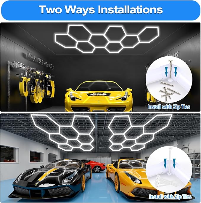 LZHOME Hexagon LED Garage Light: Super Bright 40000LM Honeycomb Garage Light, 8 Hex DIY Hexagon Led Lights for Gym Basement Hair Salon