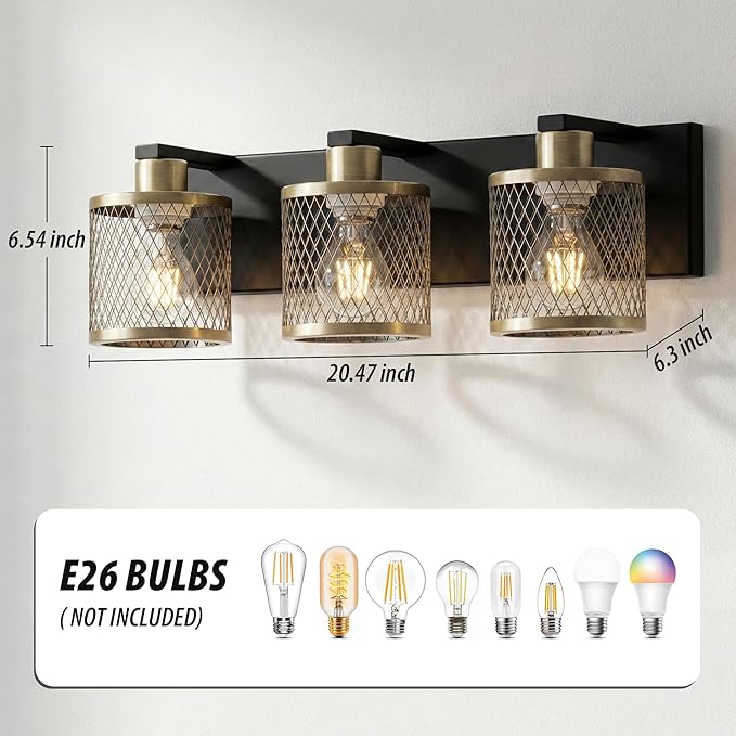 Bathroom Light Fixtures Black and Gold Vanity Lights 3 Lights Farmhouse Bathroom Vanity Light Vintage Design Wall Sconces Lighting for Mirror Attic Corridor Cellar Wall Lamps