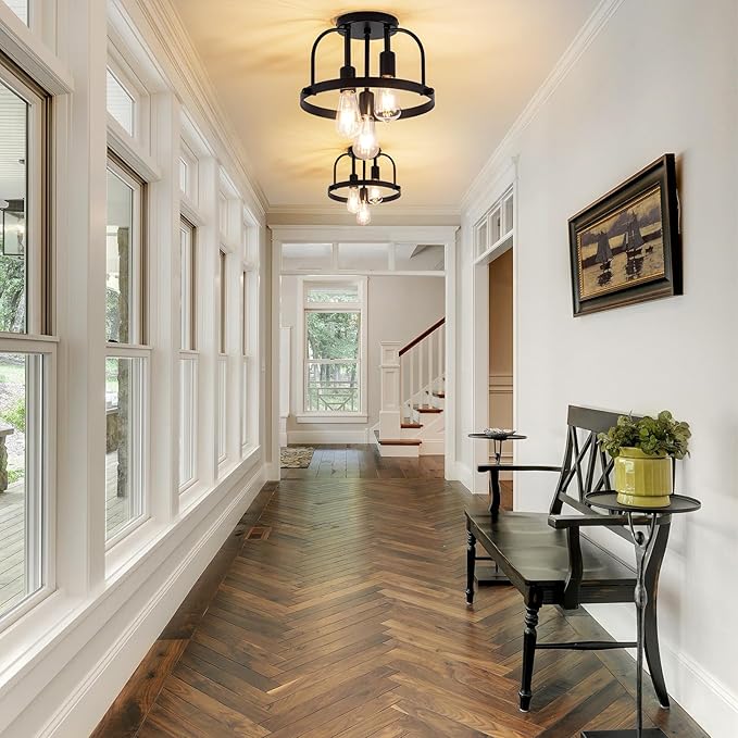 3 Light Industrial Ceiling Light Black Semi Flush Mount Lights Close to Ceiling Light Fixtures,cage Design Farmhouse Ceiling Lighting for Kitchen Bedroom Bathroom Foyer Hallway (E26, 1Pack)