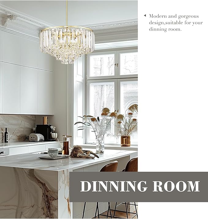 15'' Gold Chandelier, 5-Tier Crystal Chandelier, Modern Pendant Light for Dining Room Kitchen Island Bedroom Entryway, CC4215-5W-PG