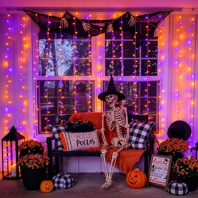 JMEXSUSS 200 LED Orange and Purple Halloween Lights, 8 Modes Curtain Halloween Lights with Remote, USB Curtain String Lights Plug in for Party Bedroom Window Halloween Decorations