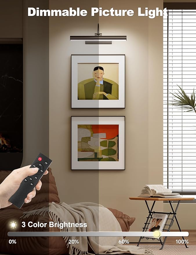 Bridika Picture Light for Wall with Remote, Rechargeable Battery Operated Picture Light, 3 Color Modes and Dimmable Classic Art Lights for Paintings, Gallery, Bedroom, Bathroom with Timer Black 1