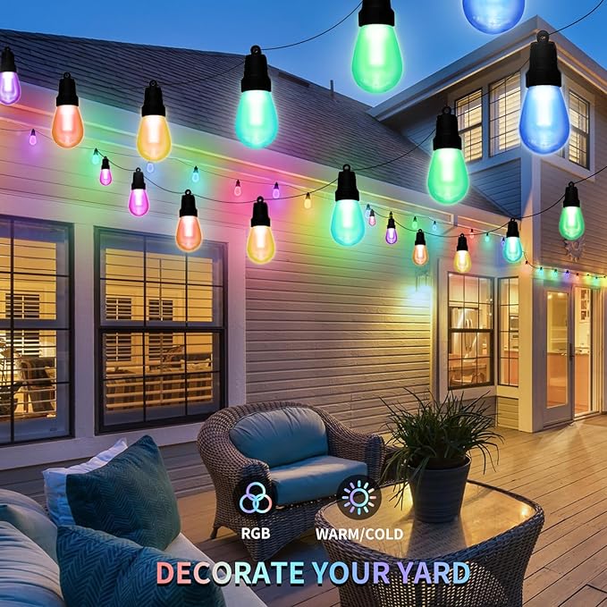 CAWWS Outdoor String Lights 100FT (2×50FT), Patio Lights with 40 Dimmable RGBW LED Bulbs, IP66 Waterproof & Shatterproof, APP & Remote Control, 24V Adapter, Color Changing Lights for Backyard Décor