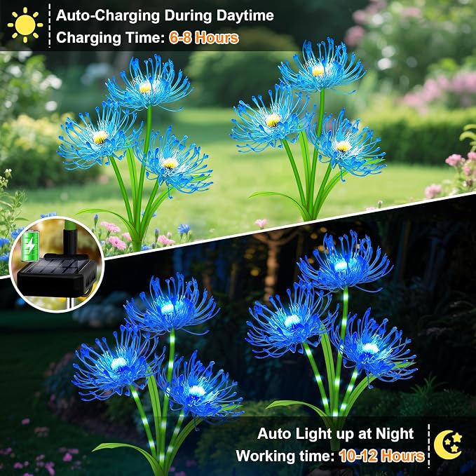 Solar Garden Flower Lights Outdoor, 8 Pack Blue Spider Lily Solar Lights with Glowing Stems, IP65 Waterproof LED Yard Decor for Patio Lawn Pathway, Mother's Day Valentine Gifts for Women Mom Grandma