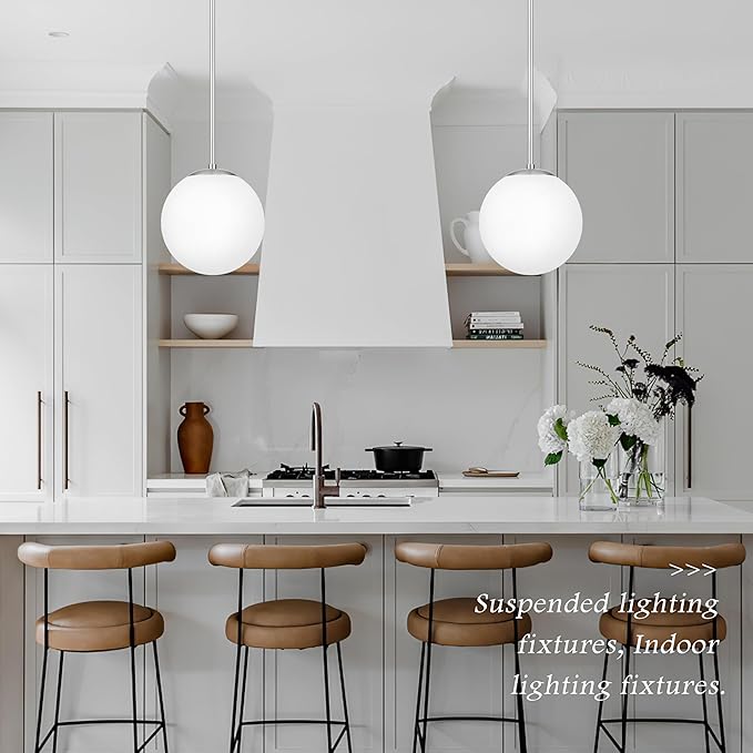 Bagood 10 Inch Globe Pendant Light Nickel Globe Pendant Lights Kitchen Island Mid Century Light Fixture with Milky White Glass Contemporary Adjustable Hanging Lights for Dining Room (Bulb Included)