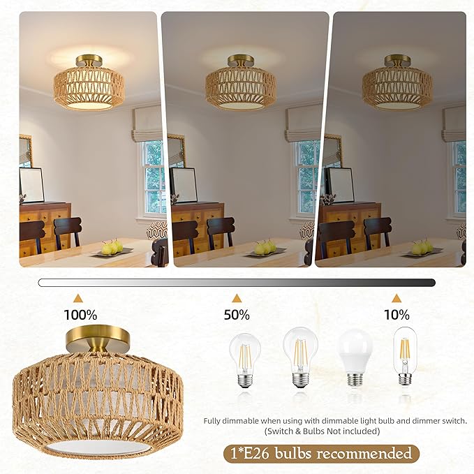 12.6 inch Natural Rattan Ceiling Light Fixture Boho Ceiling Light Hand-Woven Rattan Chandelier Fabric Shade Boho Chandelier for Dinning Room Kitchen (Bulb Incl.)