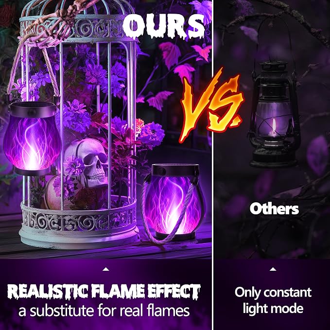 iBaycon 2 Pack Gen2 Solar Lantern Lights USB Halloween Flame Lamp, Purple | Solar Garden Lights with Dual Charging USB & Solar, 2 Modes Outdoor Waterproof Hanging Lantern for Home Halloween Decor