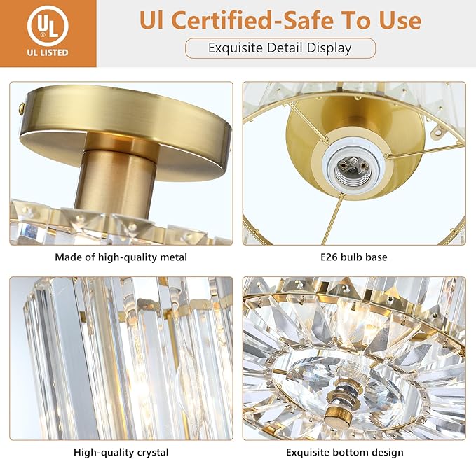 Small Crystal Ceiling Light, Modern Mini Flush Mount Crystal Chandelier, Gold Small Chandelier Light Fixture, Entryway Lighting Fixture for Kitchen Hallway Laundry Room, 1-Light, SF004-1-G