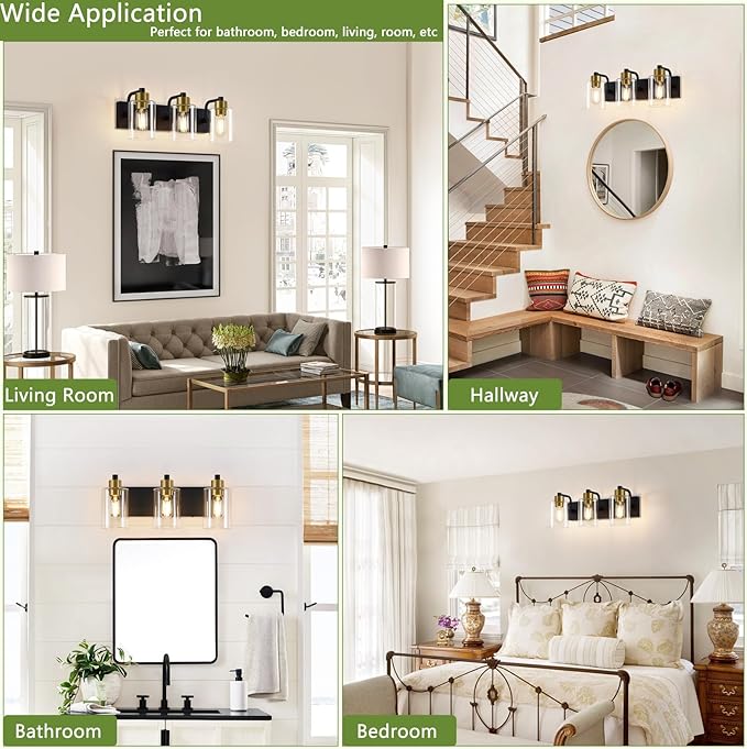 Dpyrrhic Bathroom Light Fixtures,Matte Black and Gold 3-Light Bathroom Lights with Clear Glass Shade,Modern Wall Sconces Over Mirror for Bathroom, Black&Gold, JD-188