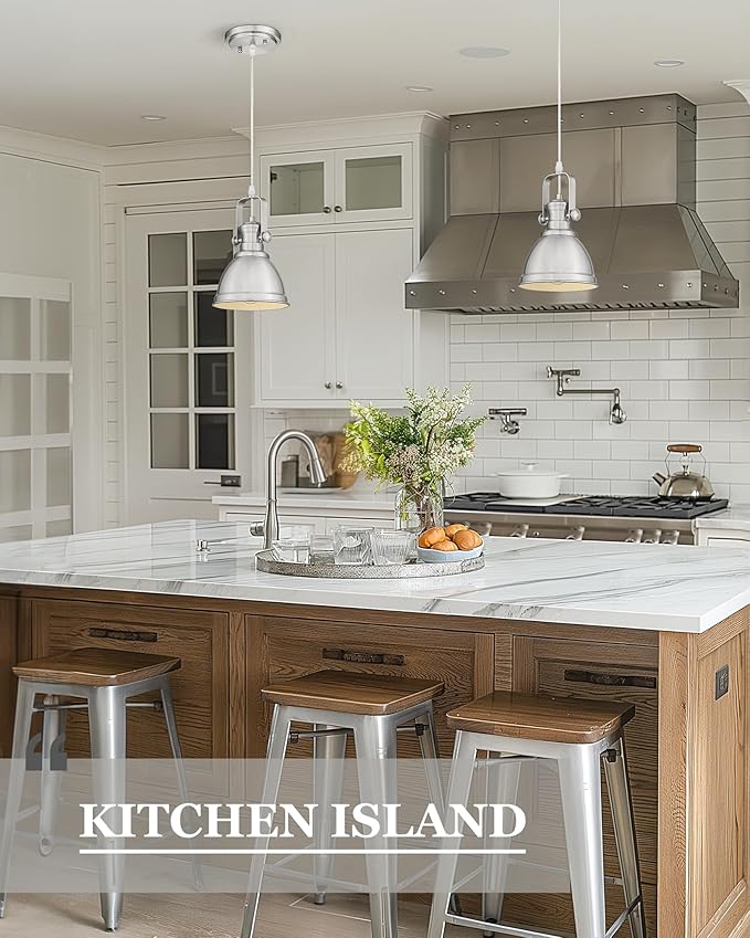 2 Pack Pendant Lights Kitchen Island, Farmhouse Hanging Lights Fixtures with Metal Shade, Rustic Kitchen Pendant Lighting Over Island for Dining Room, Brushed Nickel, AD-2151-1P2-SN