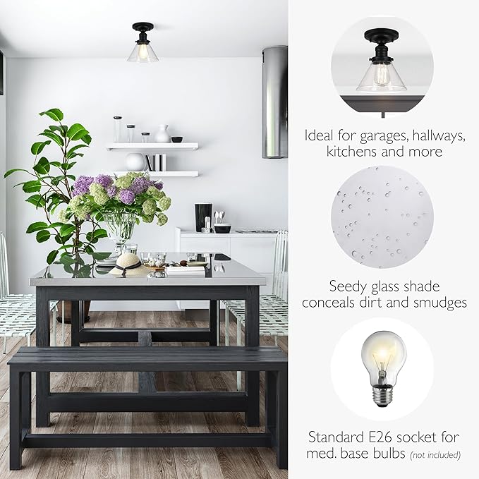 Design House Augustin Ceiling Light, 1-Light, Semi-Flush, Seeded Glass Glow, Dimmable, E26 Socket, Durable Metal Frame, Black, 7.9 in L x x 7.9 in W x 9.1 in H, 589069-BLK