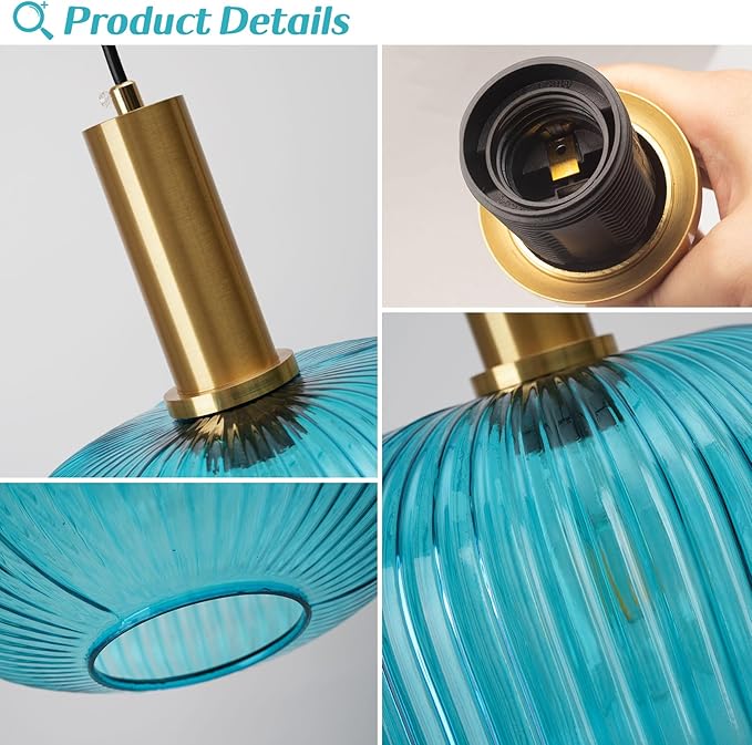 Boho Hanging Lamp, Blue Ribbed Glass Pendant Light with On/Off Switch, Coastal Style Plug in Hanging Light Adjustable Ceiling Lighting Fixture for Kitchen, Dining Room, Bedroom, Farmhouse