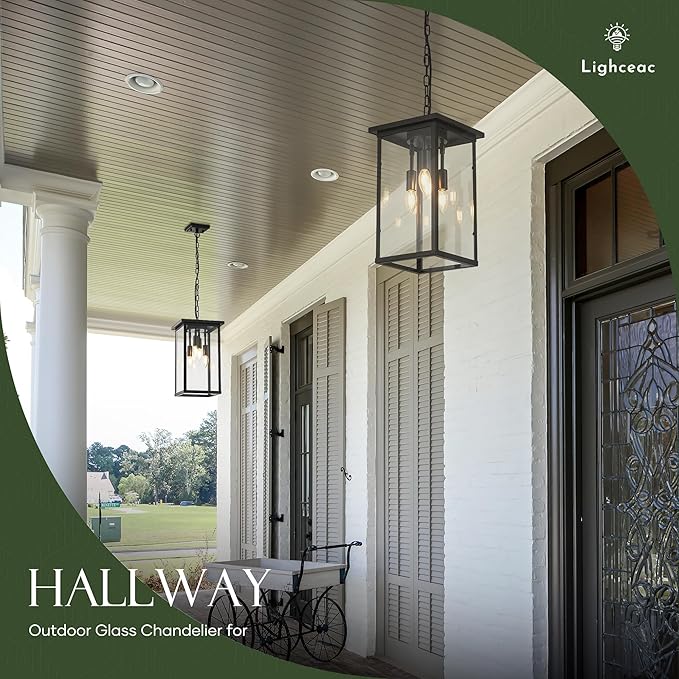 10" Modern 4-Light Exterior Black Square Lantern Pendant Light Fixture with Clear Glass Industrial Hanging Cage Chandelier for Outdoor Porch Kitchen Island Dining Room Hallway Entryway Foyer