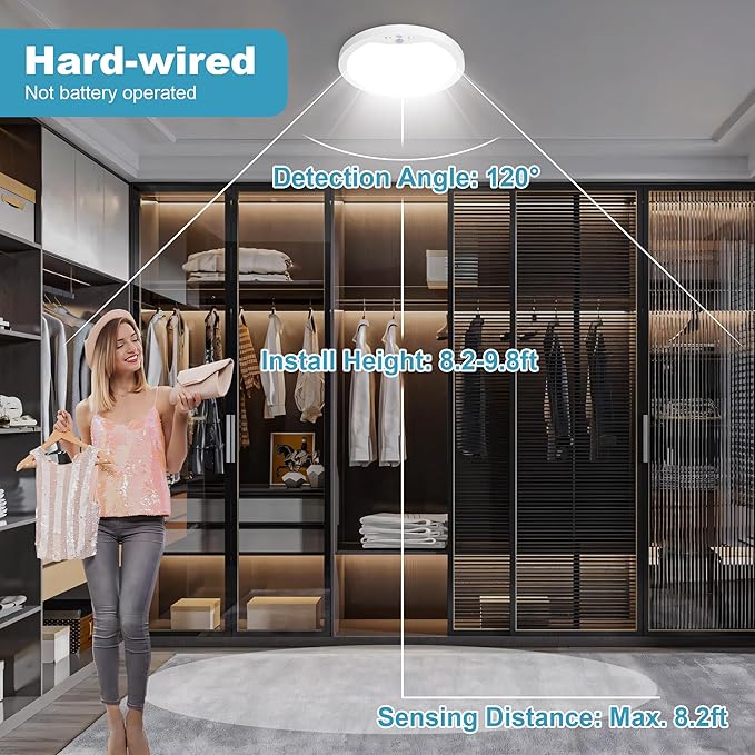 9Inch Motion Sensor Ceiling Light Hard-Wired, 20W Indoor Flush Mount LED Ceiling Light, 3000K 4000K 6000K 3CCT Adjustable for Closet Doorway Stairway Hallway, NOT Battery Operated