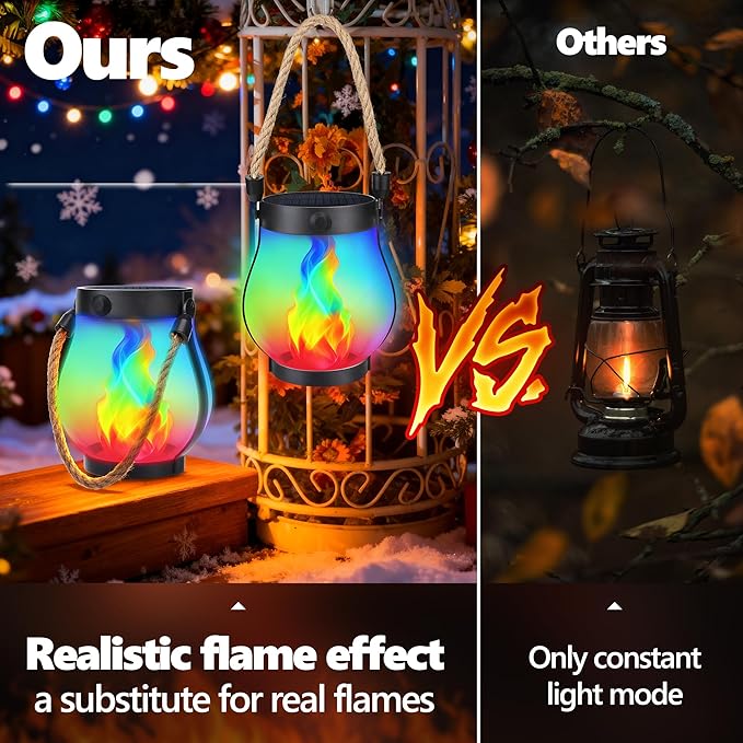iBaycon 2 Pack Solar Lantern Lights USB Christmas Flame Lamp, Multicolor | Solar Garden Lights with Dual Charging USB & Solar, 2 Modes Outdoor Waterproof Hanging Lantern for Patio Home Xmas Decor