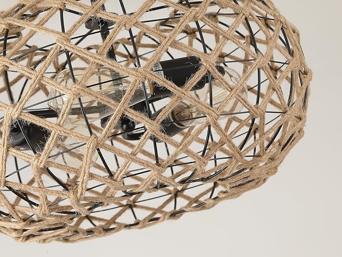 3-Light Large Coastal Woven Flush Mount Ceiling Light Fixture 17.7 inch Boho Rustic Handmade Hemp Rope Round Cage Semi Flush Mount Ceiling Lighting for Bedroom Entry Farmhouse Hall Beach, Black