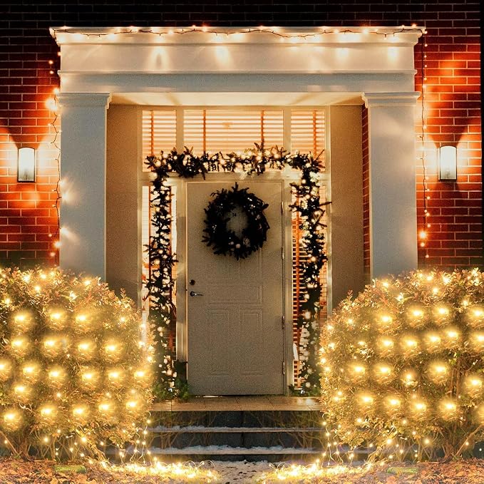 Warm White Net Lights Outdoor, 300 LED Christmas Net Mesh Lights for Bushes 15x5ft, 8 Modes Waterproof Twinkle String Light Connectable Plug in for Christmas Hedge Yard Garden Party Decor