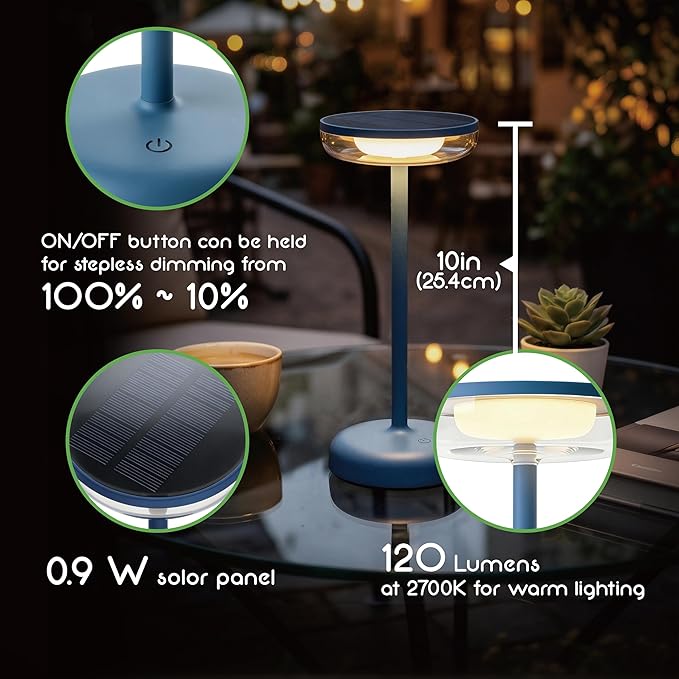 Cocktail Style Solar Table Lamp – Cordless LED Light with USB-C Charging, Dimmable Warm 2700K Glow, Weather Resistant for Indoor/Outdoor Use – Blue, 1 Pack