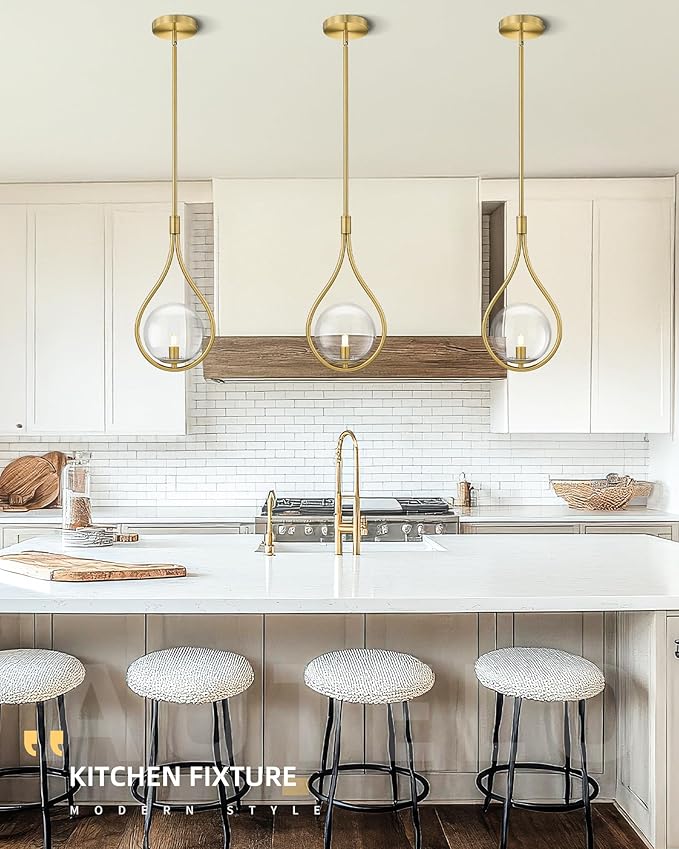 AUTELO Gold Pendant Lights Kitchen Island, 1-Light Hanging Lamp in Brushed Gold Finish with Clear Globe Glass, Mid Century Pendant Lights Kitchen Island, Gold Hanging Lights for Kitchen H9377 CLBG