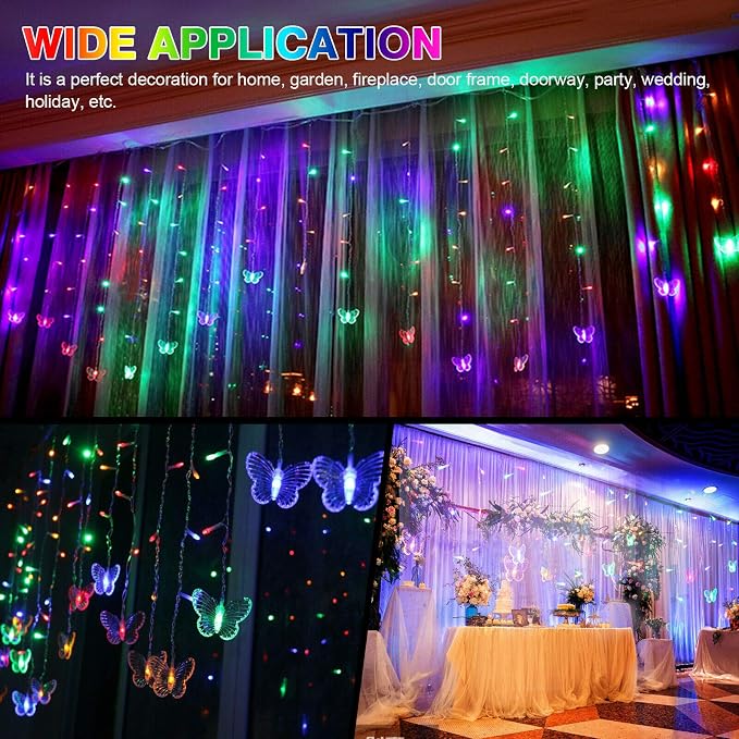 Lainin 12ft/3.5M USB Powered 8 Modes Butterfly Curtain Night Light Strip Icicle Fairy String Light, Perfect for Room Garden Wall Christmas Wedding Indoor/Outdoor Party Decoration - Multi Color