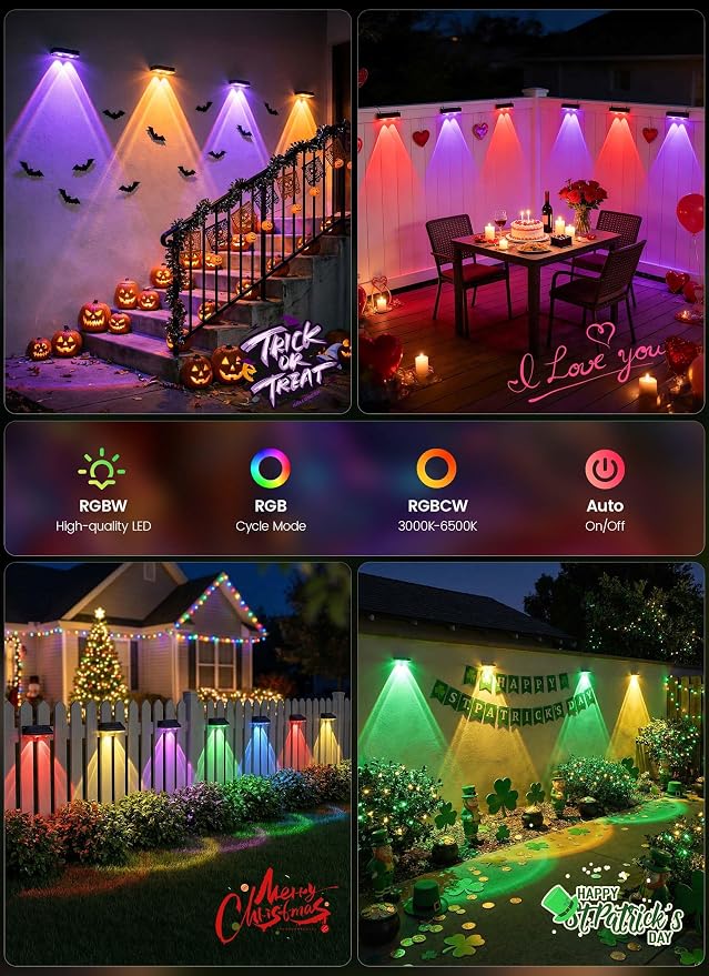 Brightown 4 Pack Solar Lights Outdoor Waterproof, Color Changing Solar Fence Deck Step Flood Lights, Warm White & RGBCW 11 Color, IP65 Waterproof Garden Lights for Outside Backyard Yard Step Patio