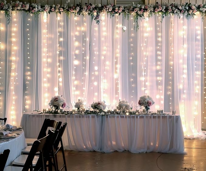 20ft X 8ft White Tulle Wedding Backdrop Curtains with Lights String 4 Panels White Sheer Backdrop Curtains for Parties Bridal Shower Baby Shower Birthday Christmas Photo Shoot Background Decorations