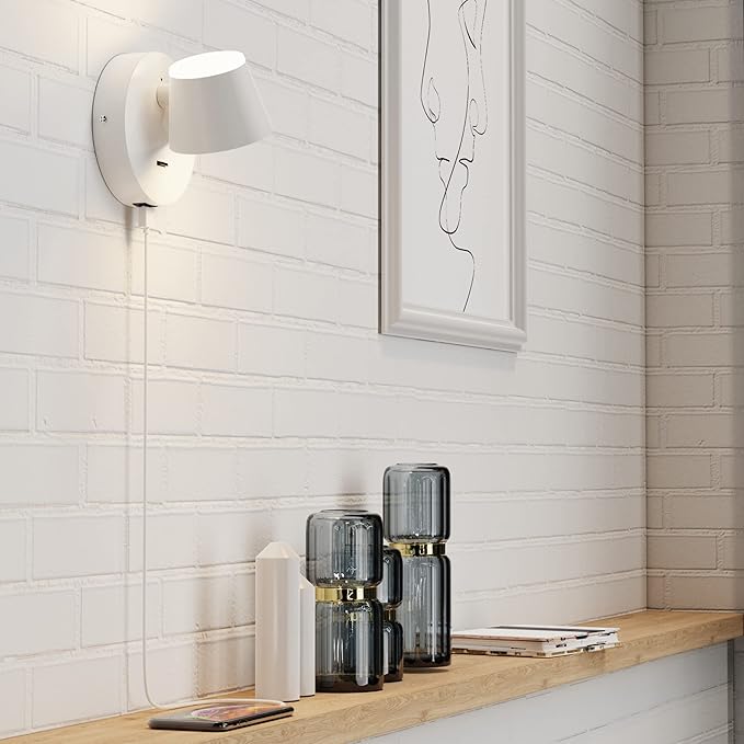 URSOLA Wall Light LED Wall Sconce with On/Off Switch USB Charging Port 110 Volt Hardwired Wall Lamp 350 Rotatable Up Down Sconces Wall Lighting (White)