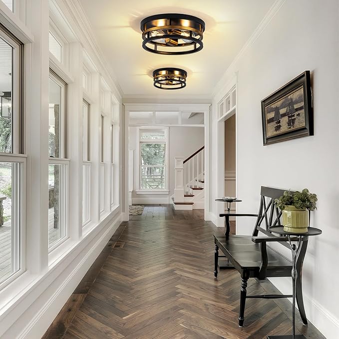 Antique Gold Bronze Flush Mount Light, Electroplated Bronze & Black 2-Light Fixture for Kitchen Hallway Bedroom, Low Profile E26 Close-to-Ceiling Lighting (Single Unit)