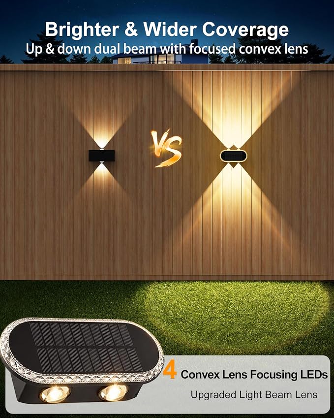Solar Fence Lights Outdoor: IP65 Waterproof Wall Lighting with Dual Focused LED Up Down - 3000K/4000K/6000K 10-12H Lasting - Easy to Install for Backyard Patio Porch 8 Pack