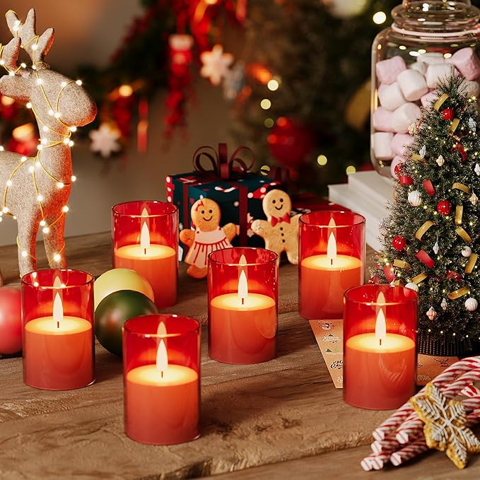 VIODAIM 12Pack Flickering Flameless LED Candles with Timer, Battery Powered - Small Pillar & Votive, Red (2"X3")