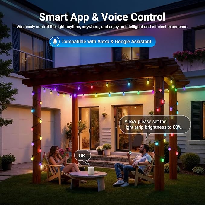 NEEWER 48ft Outdoor String Lights, App Control Smart AI RGBW Hanging Outside Patio Balcony Backyard Holiday Lighting, IP65 Waterproof, 15 LED Bulbs, 50+ Scenes, Compatible with Alexa Google, NR01