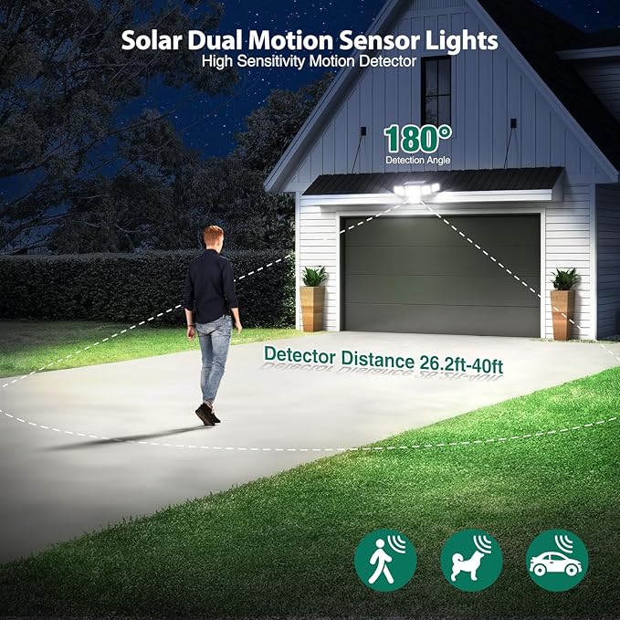 Solar Lights Outdoor, 6000LM 310 LEDs Dual Motion Sensor Solar Flood Lights 6 Heads Security Wall Lights, IP65 Waterproof, Remote Control for Garden, Outside, Backyard, 1 Pack