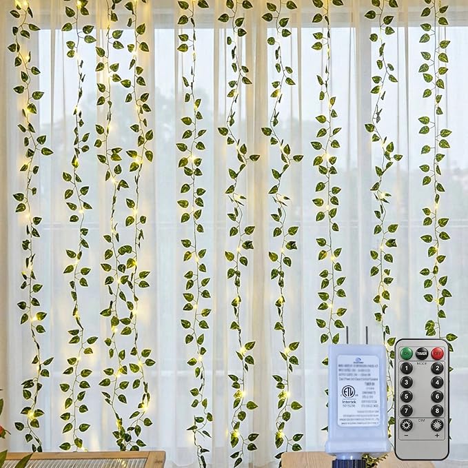 Bexdir 200 LED Vine Lights for Bedroom Decoration, 6.6x6.6ft Pre-assembled Hanging Fake Vines with Fairy Lights Plug in, Aesthetic Artificial Pothos Curtain Lights for Room Wall Decor, Remote Included