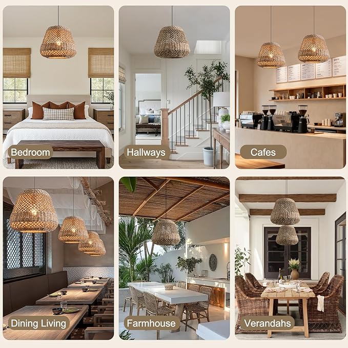 13.8" Rattan Pendant Light,Boho Hand Woven Wicker Hanging Light Seagrass Rattan Chandelier for Dining Living Bedroom Farmhouse Kitchen