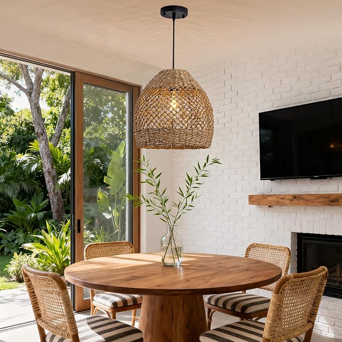 Boho Rattan Pendant Lights 13.8IN Farmhouse Dining Room Light Fixtures Hand-Woven Seagrass Chandelier Coastal Wicker Hanging Lighting for Kitchen Island Entry Living Room Bedroom Foyer Restaurant