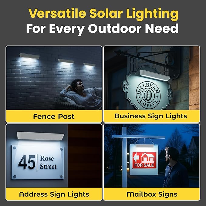 Brighticonics 2Pck Solar Address Sign Light – IP65 Waterproof Easy Install, Auto Dusk-to-Dawn On/Off – Outdoor Light for Business, Lease, Real Estate Sign Post – LED Signboard Gifts - Warm White 3000K