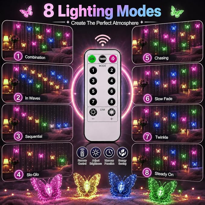 Butterfly Curtain Fairy Lights USB Plug in,8 Modes 120 LED 20FT Firefly Twinkle Timer String Lights with Remote for Bedroom Patio Christmas Wedding Party (Multi-Colored(Pink))