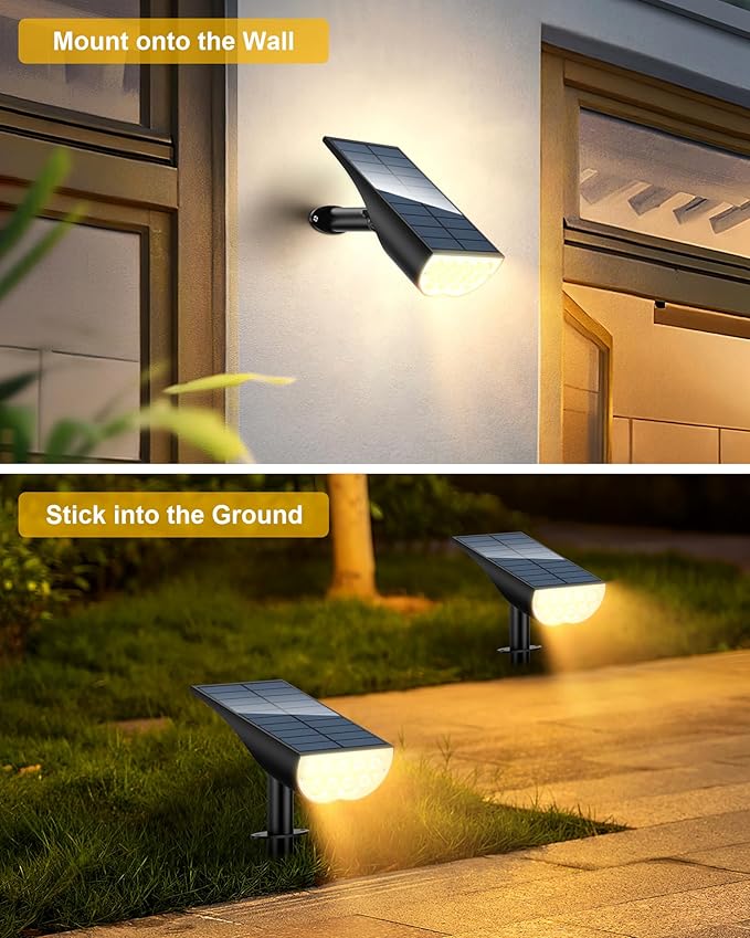 Solar Spotlights Outdoor Waterproof, 3 Lighting Modes Spot Lights, Dusk to Dawn Solar Powered Outdoor Lights for Yard Pathway Driveway Landscape, Warm White, 2 Pack