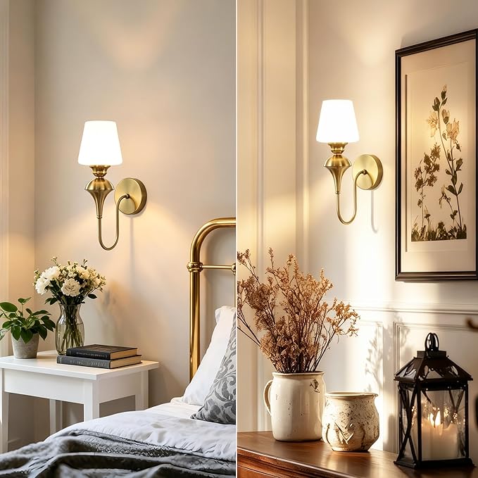 LASENCHOO Modern Gold Wall Sconce, 1-Pack Antique Brass Wall Light Fixtures with Glass Shade, Vintage Sconces Wall Lighting Single Wall Mounted Lamp for Bedroom Living Room Bathroom Vanity Light