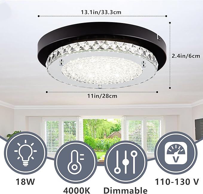 Crystal Flush Mount Ceiling Light Fixture 13 Inch LED Bathroom Ceiling Light Dimmable Black Hallway Light Fixture Round Close to Ceiling Light Small Crystal Chandeliers for Kitchen Launtry 4000K