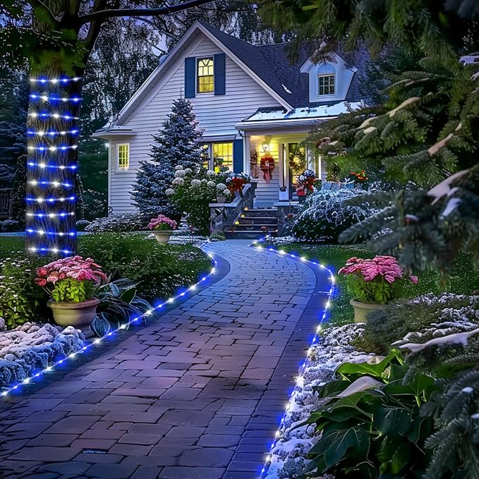 JMEXSUSS 200 LED Solar Rope Lights for Christmas Decor, 72ft IP 65 Outdoor Waterproof Christmas Rope Lights with 8 Modes, Blue and White Solar Christmas Lights for Fence Yard Walkway Christmas