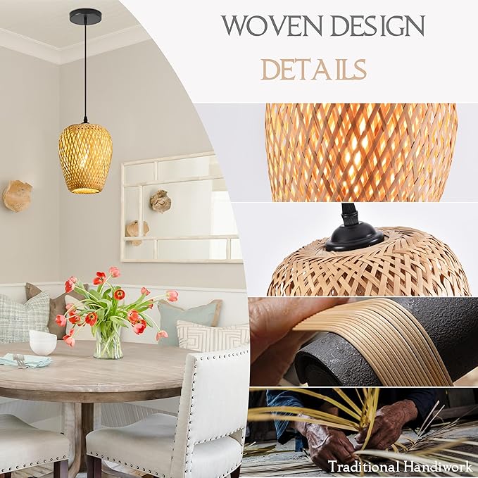 Wicker Pendant Lights Bamboo Pendants Light Boho Chandelier Rattan Pendant Wicker Light Fixture Woven Pendants Lights for Kitchen Island Living Room Dining Room (Bulb Incl.)