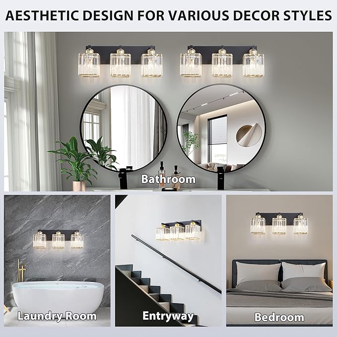 Bathroom Vanity Light Fixtures Over Mirror - Makeup Lighting Black Gold - for Modern Wall, Bath, Desk, Farmhouse, Hallway 3 Crystal Lights