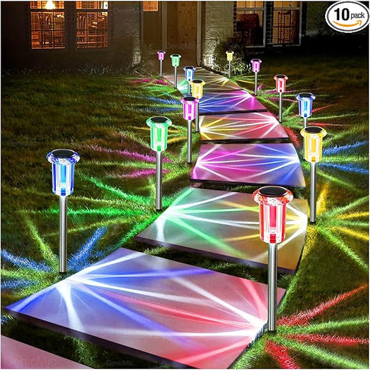 DenicMic Solar Lights Outdoor 10 Pack Waterproof Color LED Stainless Steel Stake Outside Lights for Yard Pathway Garden Landscape Path Lighting Christmas Decorations