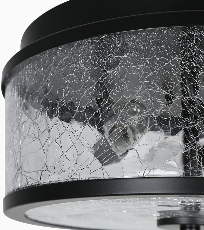 KSANA Black Flush Mount Ceiling Light, Modern Farmhouse 3-Light Close to Ceiling Light Fixtures with Crackled Glass Shade for Bedroom, Hallway, Foyer, Kitchen and Dining Room