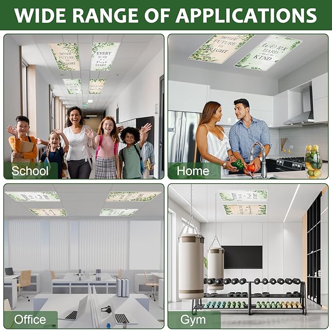 QOUBAI 4PCS Fluorescent Light Covers, 4x2 Feet Magnetic Light Cover Fluorescent Lights Shade Panel Positive Inspirational Ceiling Lights Filters for Office Classroom Home Drop Ceiling Eucalyptus