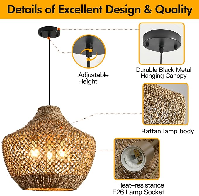 18.9”Boho Wicker Large Pendant Light,3-Light Rattan Chandelier, Hand-Woven Seagrass Farmhouse Fixture, for Kitchen Island Bedroom Dining Living Entrance Halls.