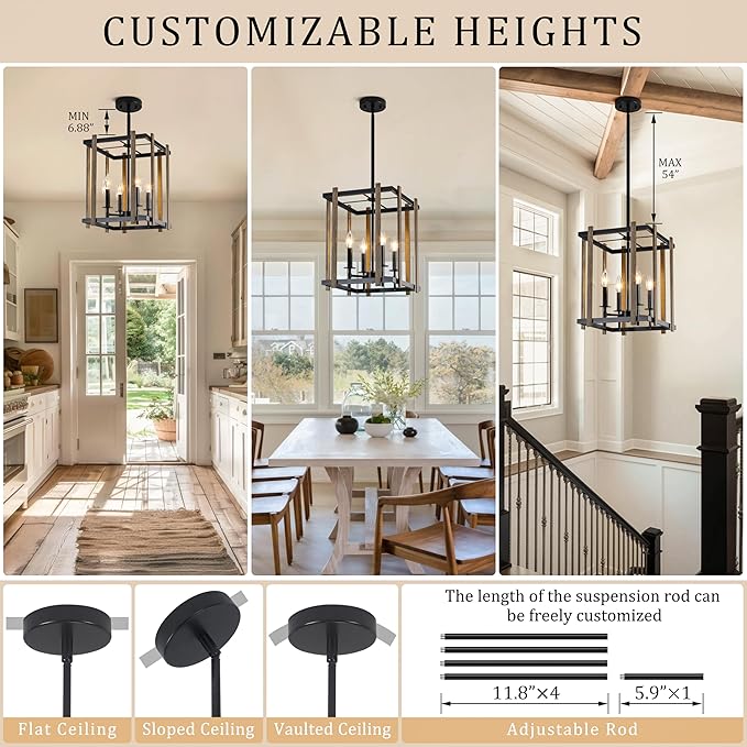 4-Light Farmhouse Chandelier Faux Wood Chandeliers Dining Room Light Fixture Adjustable Rustic Cage Pendant Light Fixtures for Kitchen Island Entryway Bedroom