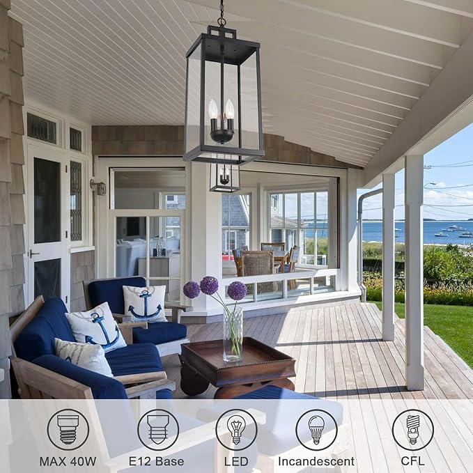 21'' Outdoor Pendant Lantern, 2-Light Modern Black Exterior Chandelier with Clear Glass, Hanging Porch Light for Patio, Yard, Foyer